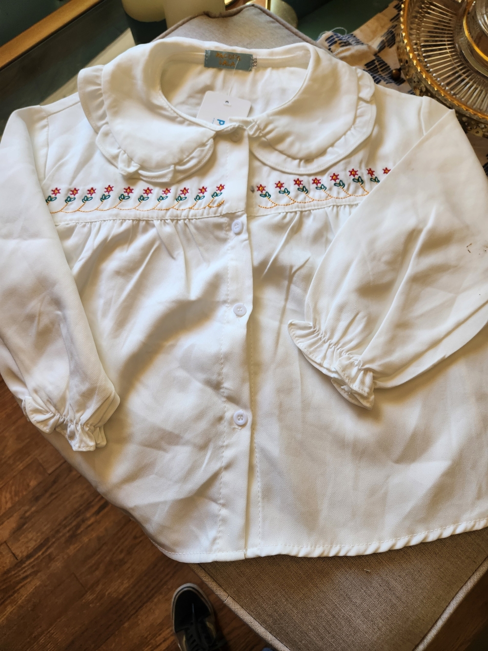 White Smocked Floral-Trim Button Front Kids Blouse Jacket